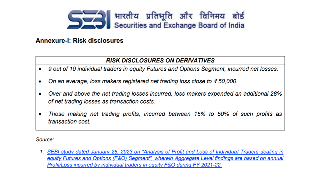 SEBI risk disclosure for derivatives: nine out of ten individual equity futures and options traders incurred net losses; loss-makers also incurred transaction costs.